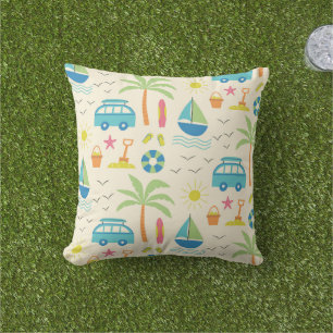 Beach Summer Pattern with Palm tree and boats  Outdoor Pillow