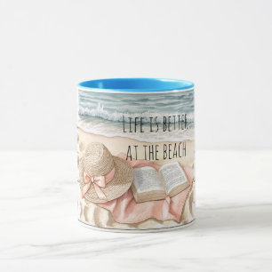 Beach Summer Peach Ribbon Hat Faux White Wood Mug