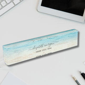 Beach Summer Personalized Blue Script Elegant Desk Name Plate
