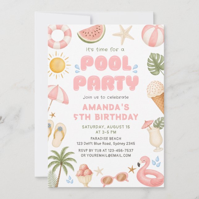 Beach Summer Pool Party Birthday Photo Invitation (Front)