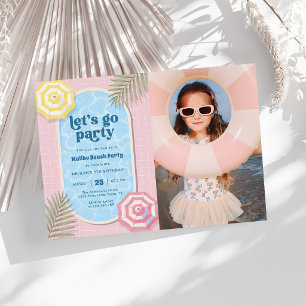 Beach Summer Pool Party Pink Birthday Photo Invitation