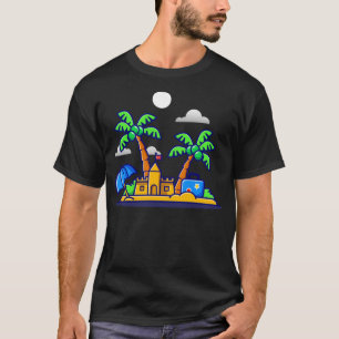 Beach Summer Sand Castle And Coconut Trees Cartoon T-Shirt