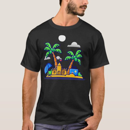 Beach Summer Sand Castle And Coconut Trees Cartoon T_Shirt