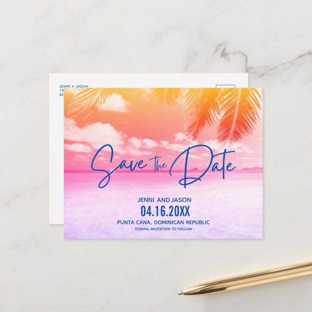 Beach Summer Sunset Wedding Save the Date Announcement Postcard (Front/Back In Situ)