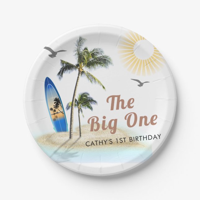 Beach Summer Surf 1st Birthday 7" Round  Paper Plates (Front)