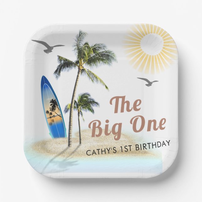 Beach Summer Surf 1st Birthday 7" Square  Paper Plates (Front)