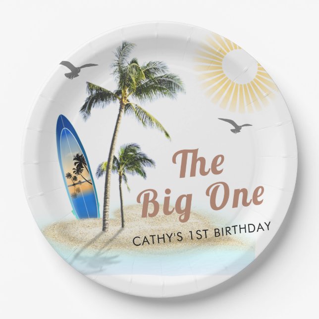 Beach Summer Surf 1st Birthday 9" Round  Paper Plates (Front)