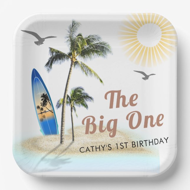 Beach Summer Surf 1st Birthday 9" Square  Paper Plates (Front)