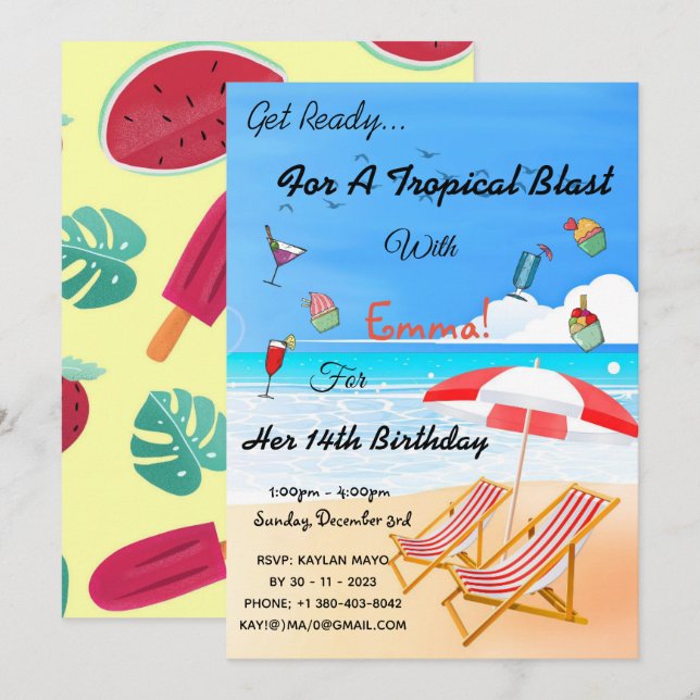 Beach Summer Tropical 14th Birthday Invitation (Front/Back)