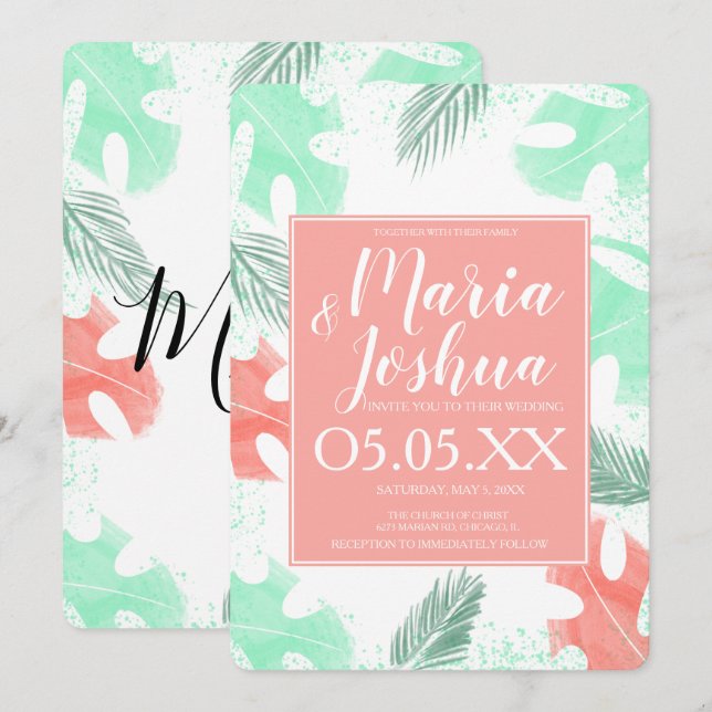 Beach Summer Tropical Monstera Wedding Invitation (Front/Back)