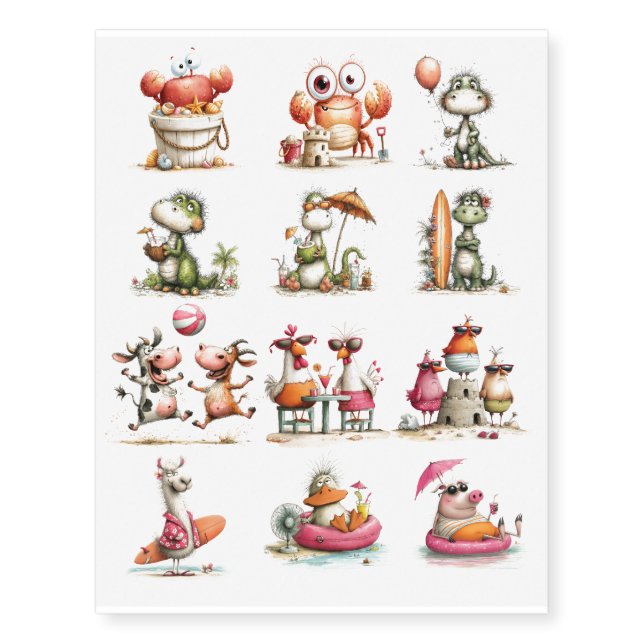 beach summer vacation animals temporary tattoos (Front)