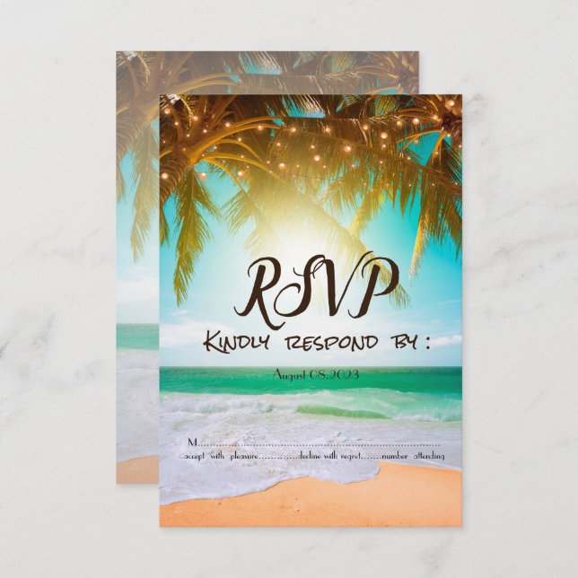 Beach,Sun,Palm,String Lights RSVP   Invitation (Front/Back)