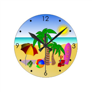 Beach Themed Wall Clocks | Zazzle - Beach Sun Sea and Surf Fun Blue Round Wall Clocks