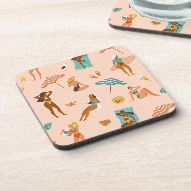 Beach Sunbathers Pattern Beverage Coaster (Left Side)