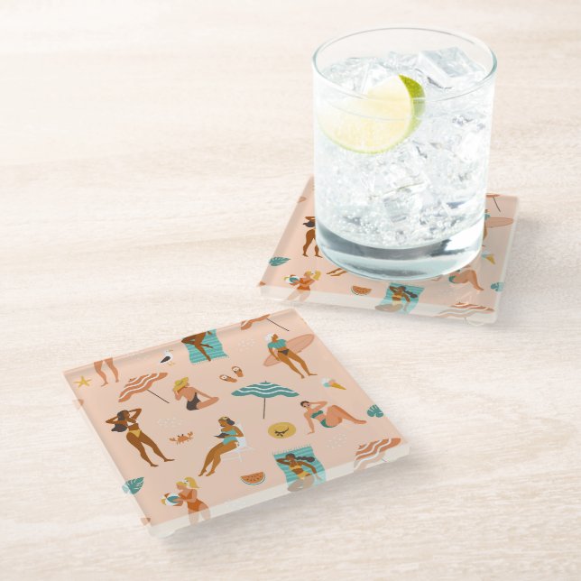 Beach Sunbathers Pattern Glass Coaster (Angled)
