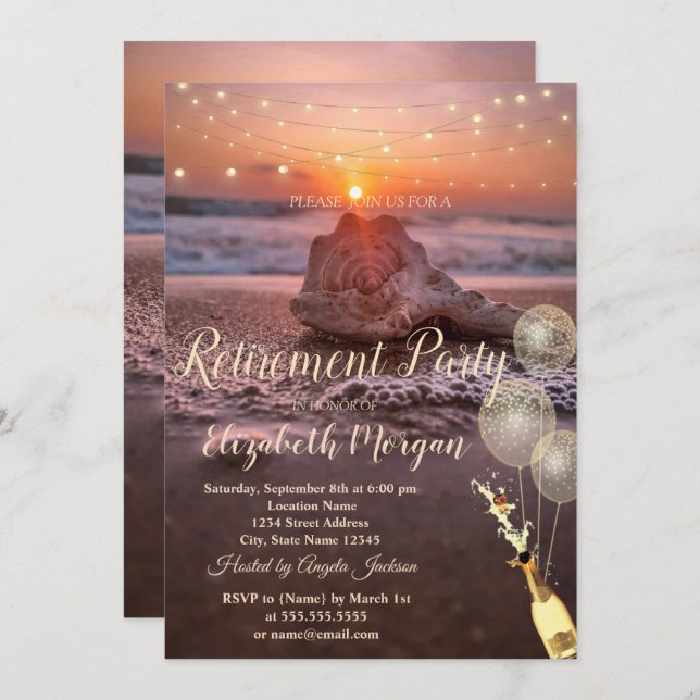 Beach Sunet Seashell Balloons,Wine Retirement  Invitation (Front/Back)