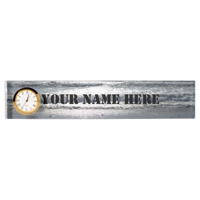 Beach Sunrise Desk Name Plate with a clock (Front)