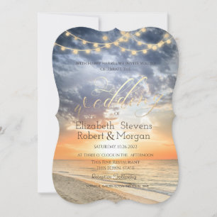 Beach Sunrise String Lights Gold Wedding Invitation