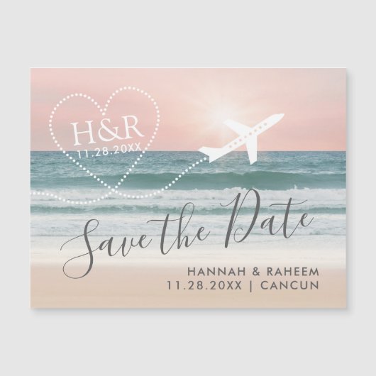 Beach Sunset Airplane Heart Magnetic Save the Date (Front)