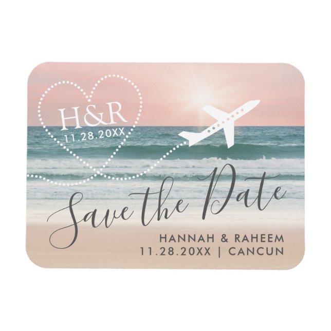 Beach Sunset Airplane Trail Monogram Save the Date Magnet (Horizontal)