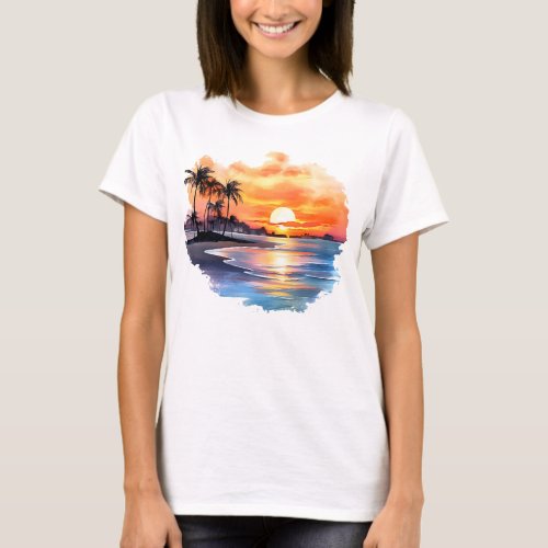 Beach Sunset and Palm Trees Tropical T_Shirt