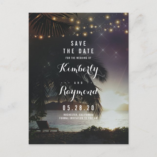 Beach Sunset and String Lights Save the Date Announcement Postcard (Front)