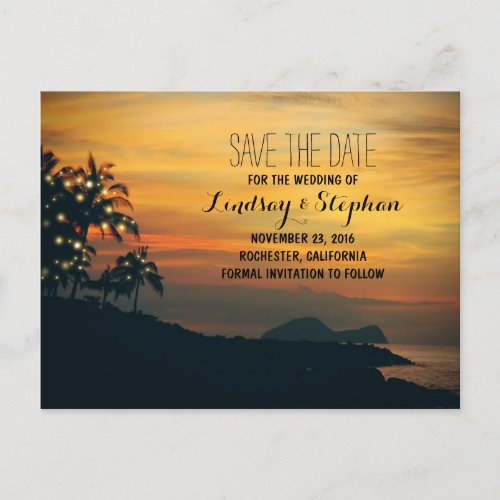 beach sunset and string lights save the date announcement postcard