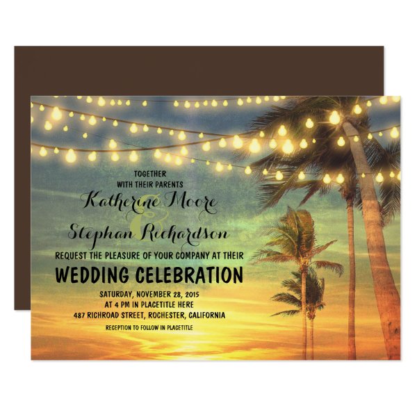 161784710760515531 beach sunset and string lights wedding invitation