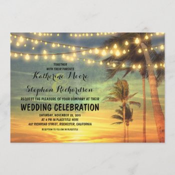 Beach Sunset And String Lights Wedding Invitation by jinaiji at Zazzle