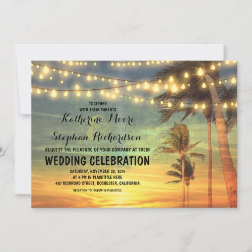 beach sunset and string lights wedding invitation