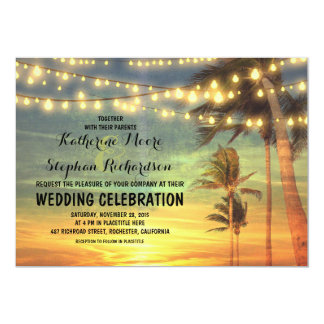 beach sunset and string lights wedding invitation
