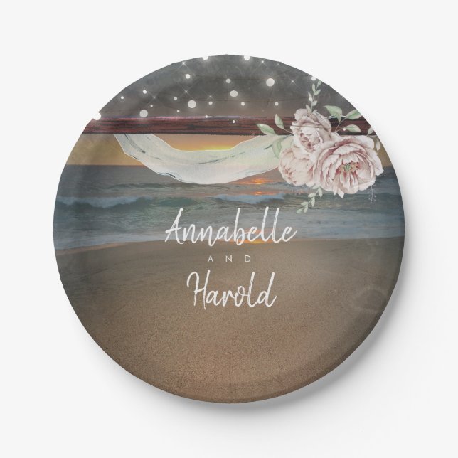 Beach Sunset and String Lights Wedding Paper Plates (Front)