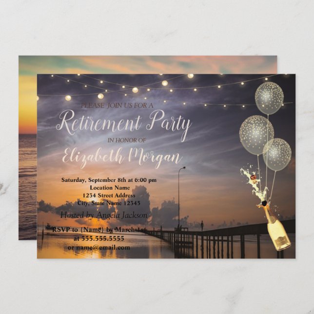 Beach,Sunset,Balloons,Wine Retirement Party Invitation (Front/Back)