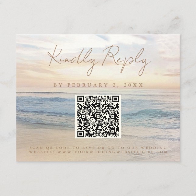 Beach Sunset Beachfront Wedding Scan Code RSVP Enclosure Card (Front)
