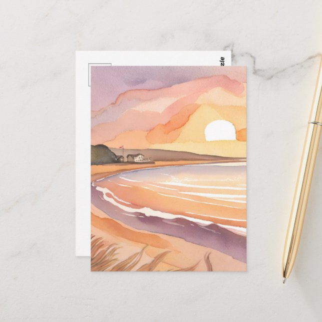 Beach Sunset | Beautiful Watercolor Painting Postcard (Front/Back In Situ)