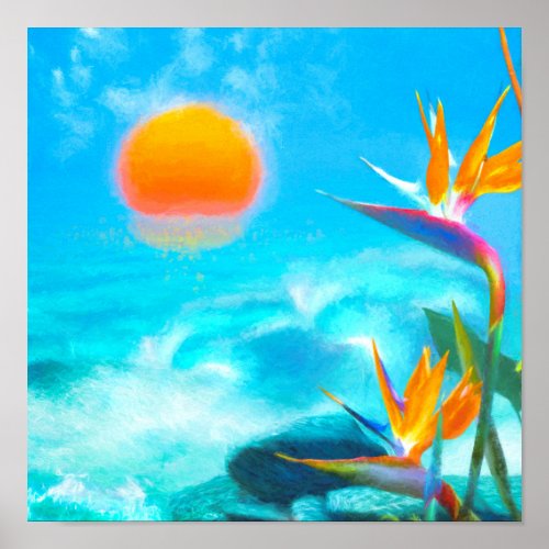BEACH SUNSET Birds of Paradise Poster