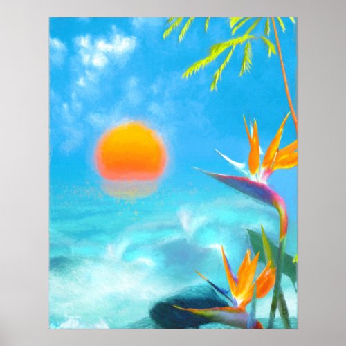 BEACH SUNSET Birds of Paradise Poster