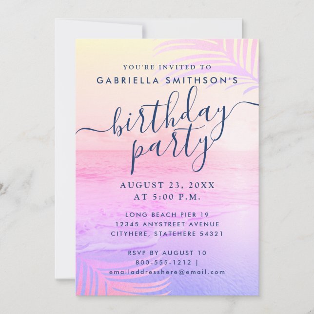 Beach Sunset Bright Pastel Pink Filter Birthday Invitation (Front)