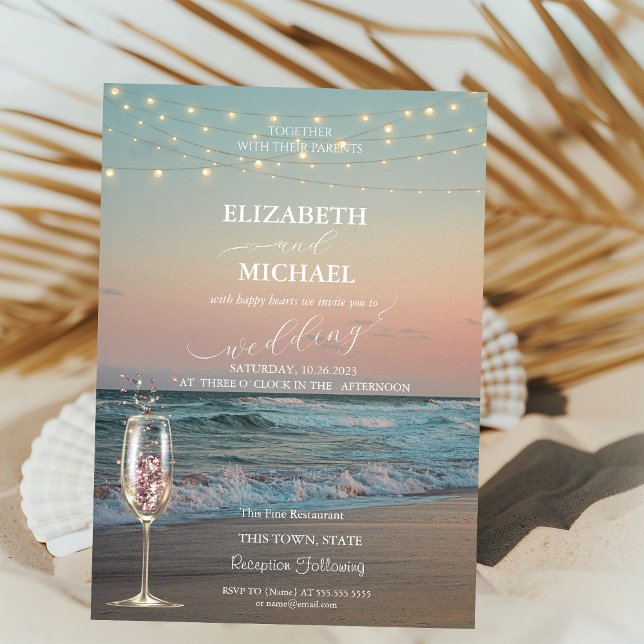 Beach Sunset,Champagne Glass Script Wedding  Invitation (Creator Uploaded)