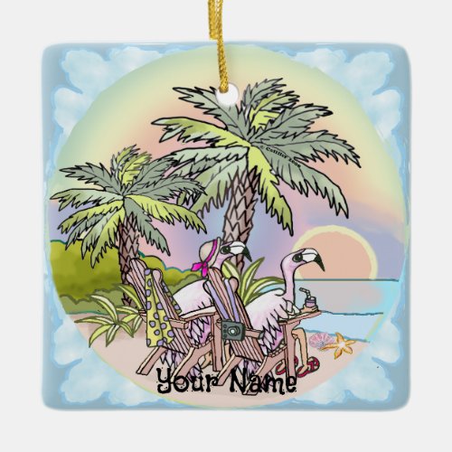 Beach Sunset Flamingo custom name Ceramic Ornament