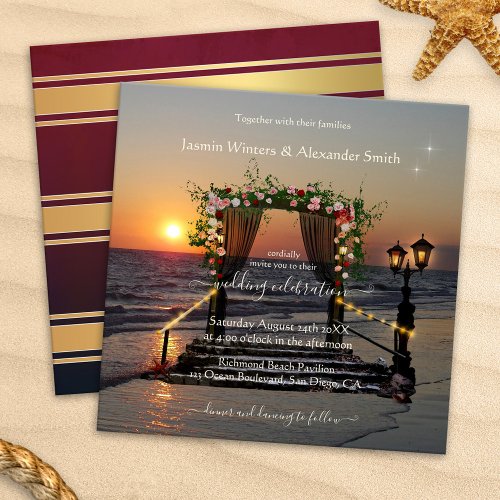 Beach Sunset Floral Arbor Wedding Invitation