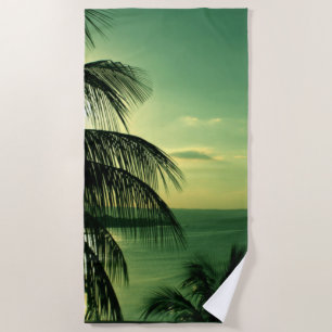 Beach Sunset Green-Blue Sky Sea Black Palm Beach Towel