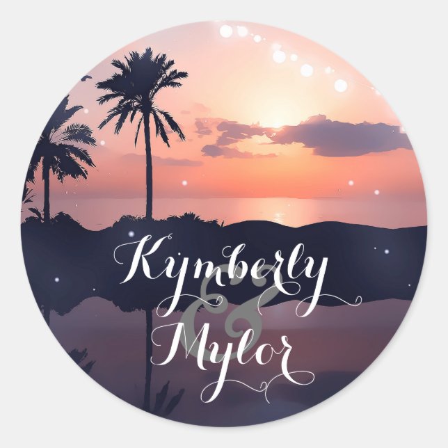 Beach Sunset Light Palms Wedding Classic Round Sticker (Front)