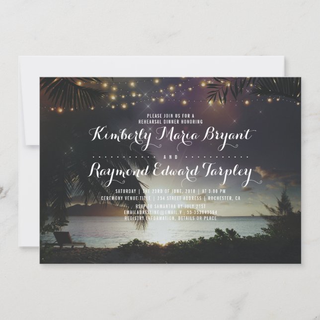 Beach Sunset Lights Tropical Rehearsal Dinner Invitation (Front)