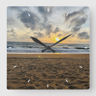 Beach Sunset Ocean Coastal Decor Tropical gift Square Wall Clock