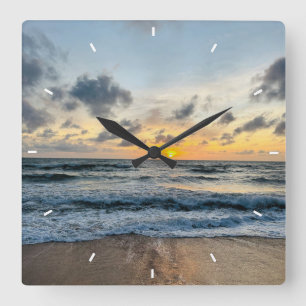 Beach Sunset Ocean Coastal Decor Tropical gift Square Wall Clock