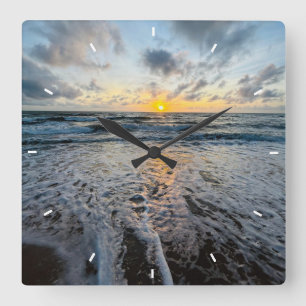 Beach Sunset Ocean Coastal Decor Tropical gift Square Wall Clock