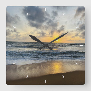 Beach Sunset Ocean Coastal Decor Tropical gift Square Wall Clock