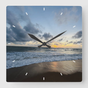 Beach Sunset Ocean Coastal Decor Tropical gift Square Wall Clock