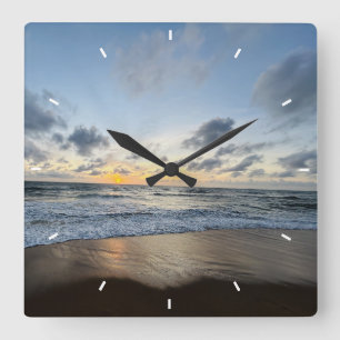 Beach Sunset Ocean Coastal Decor Tropical gift Square Wall Clock